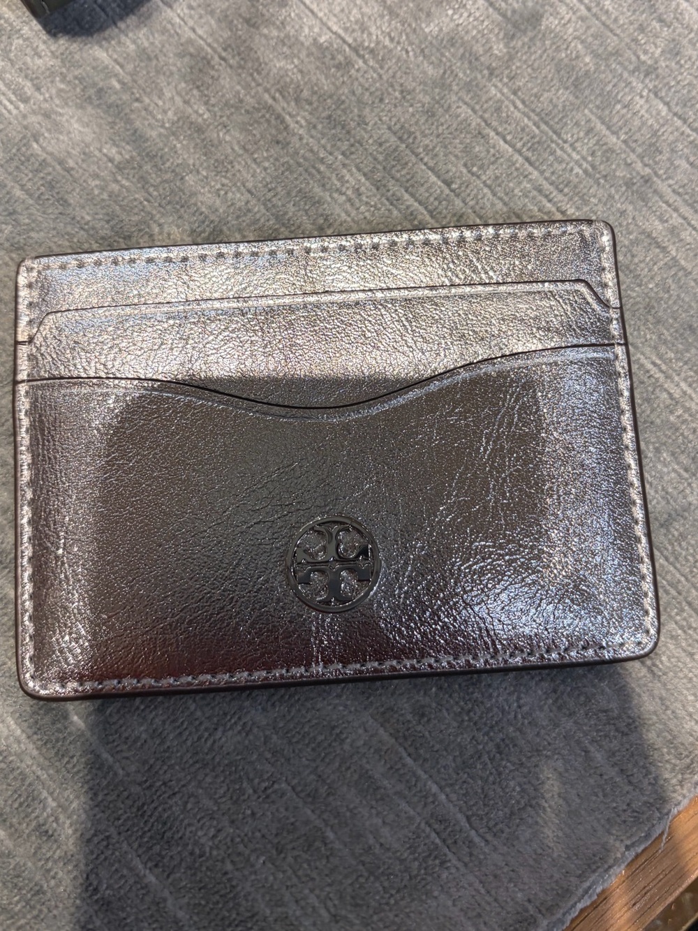 Tory Burch silver Metalic leather card case chain new on sale now
